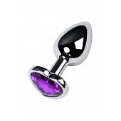 Серебристая коническая анальная пробка с фиолетовым кристаллом-сердечком - 7 см. - ToyFa - купить с доставкой в Орле