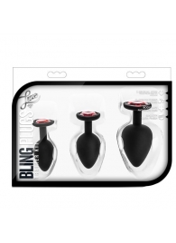 Набор черных анальных пробок с красным кристаллом-сердечком Bling Plugs Training Kit - Blush Novelties - купить с доставкой в Орле