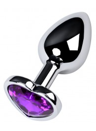 Серебристая коническая анальная пробка с фиолетовым кристаллом-сердечком - 7 см. - ToyFa - купить с доставкой в Орле