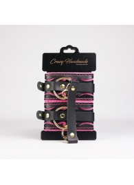 Черные кожаные оковы с розовой строчкой - Crazy Handmade - купить с доставкой в Орле Черные кожаные оковы с розовой строчкой - Crazy Handmade - купить с доставкой в Орле