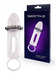 Закрытая насадка на пенис с подхватом мошонки и стимулирующими «ресничками» - Sextaz - в Орле купить с доставкой