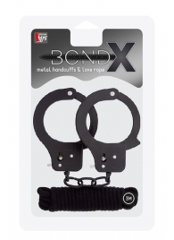 Чёрные наручники из листового металла в комплекте с веревкой BONDX METAL CUFFS LOVE ROPE SET - Dream Toys - купить с доставкой в Орле