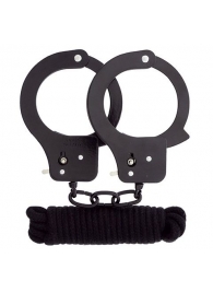 Чёрные наручники из листового металла в комплекте с веревкой BONDX METAL CUFFS LOVE ROPE SET - Dream Toys - купить с доставкой в Орле