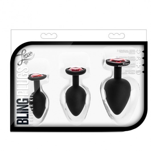 Набор черных анальных пробок с красным кристаллом-сердечком Bling Plugs Training Kit - Blush Novelties - купить с доставкой в Орле