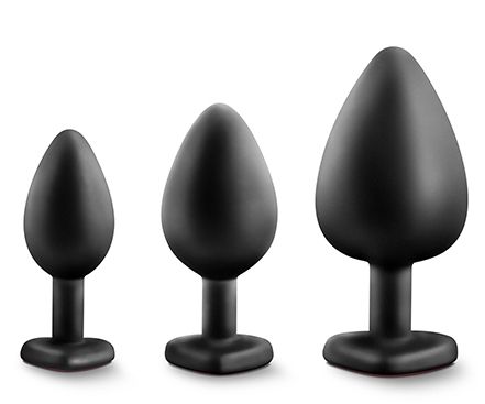 Набор черных анальных пробок с красным кристаллом-сердечком Bling Plugs Training Kit - Blush Novelties - купить с доставкой в Орле