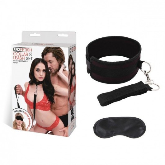 Черный ошейник с длинным поводком Collar and Leash Set - Lux Fetish - купить с доставкой в Орле
