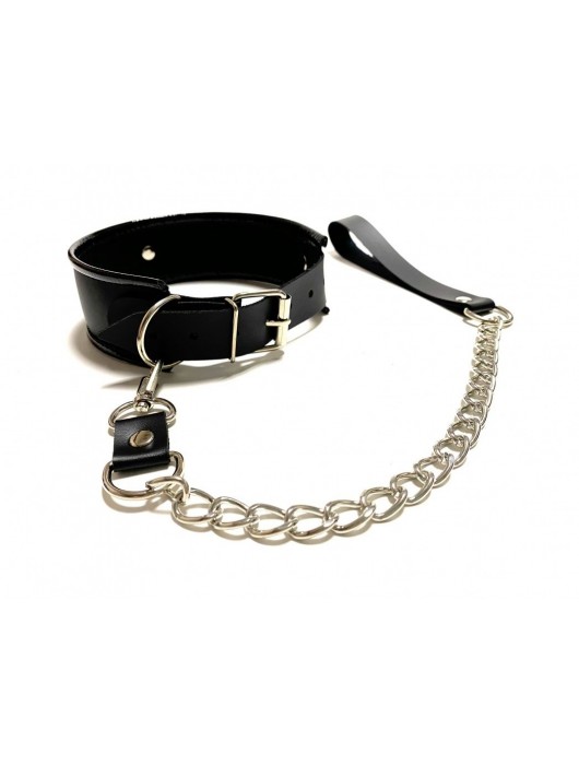 Черный ошейник с поводком из эко-кожи - БДСМ Арсенал - купить с доставкой в Орле