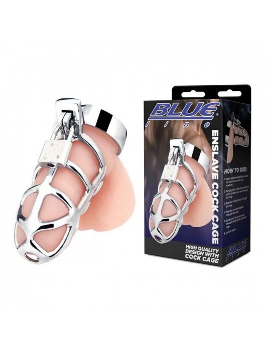 Серебристая металлическая клетка для члена с замком Enslave Cock Cage - BlueLine - купить с доставкой в Орле