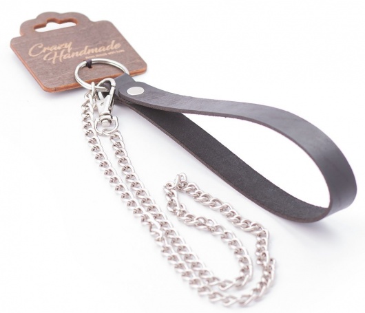 Серебристый металлический поводок с кожаной черной ручкой - 80 см. - Crazy Handmade - купить с доставкой в Орле