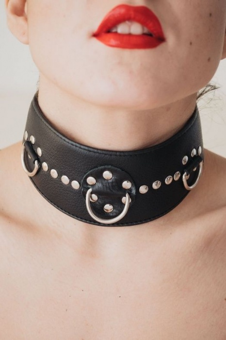 Чёрный кожаный ошейник с полукольцами и клёпками - БДСМ Арсенал - купить с доставкой в Орле