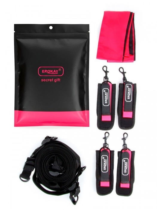 Черно-розовый эротический набор: фиксатор, оковы, наручники, повязка - Erokay - купить с доставкой в Орле
