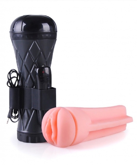 Телесный мастурбатор-вагина в черной колбе с вибрацией - Boys of Toys - в Орле купить с доставкой