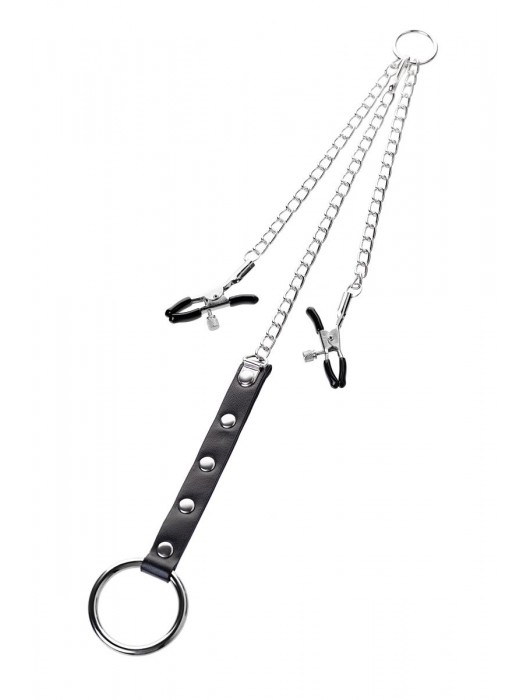 Серебристо-чёрные зажимы для сосков с кольцом для пениса TOYFA Metal - ToyFa - купить с доставкой в Орле